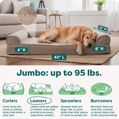 Orthopedic Dog Bed for Large Dogs W/ Removable Bolsters & Washable Cover, for Dogs up to 95 Lbs - Luxe Faux Fur & Performance Linen Sofa - Woodsmoke, Jumbo/Xl