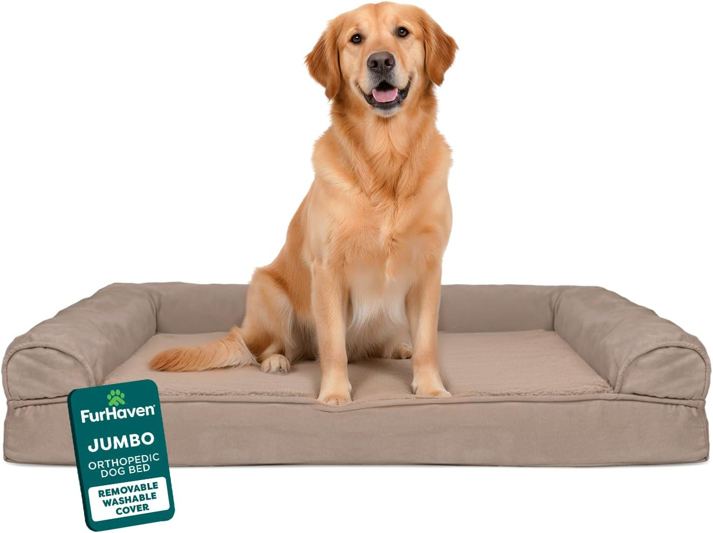Orthopedic Dog Bed for Large Dogs W/ Removable Bolsters & Washable Cover, for Dogs up to 95 Lbs - Luxe Faux Fur & Performance Linen Sofa - Woodsmoke, Jumbo/Xl